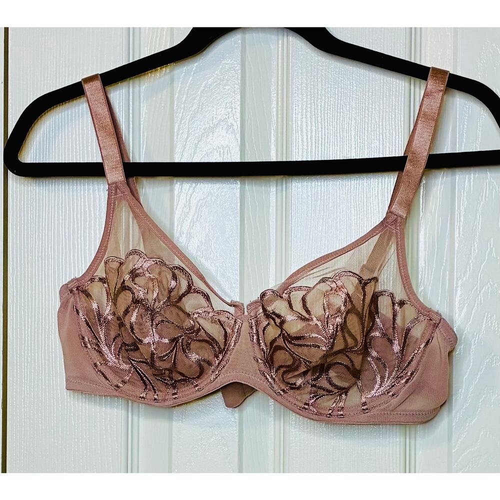 Paramour Rose Tan Lotus Embroidered Lace Bra Unlined Size 36D Sheer Sculpting - Picture 2 of 6